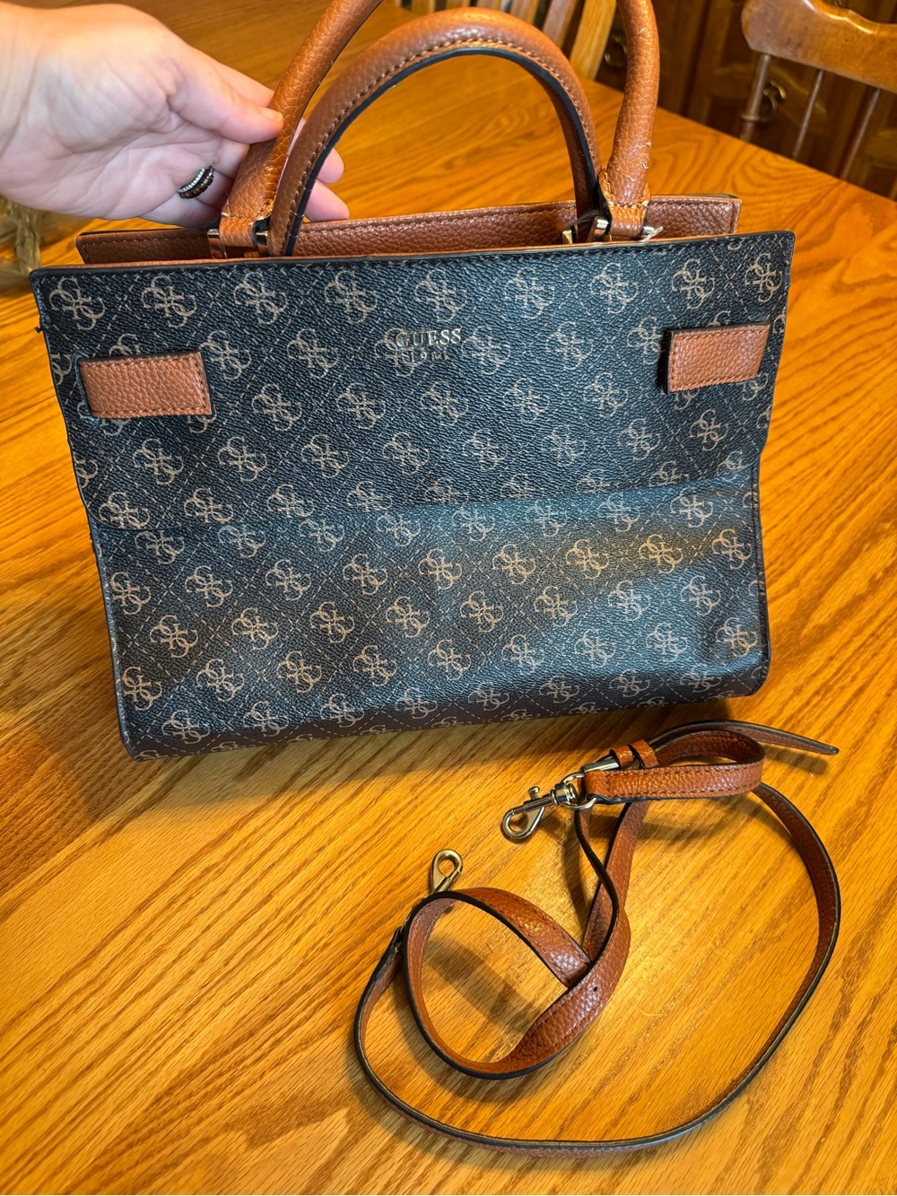 GUESS Black Monogram Satchel with Brown Trim and Detachable Strap